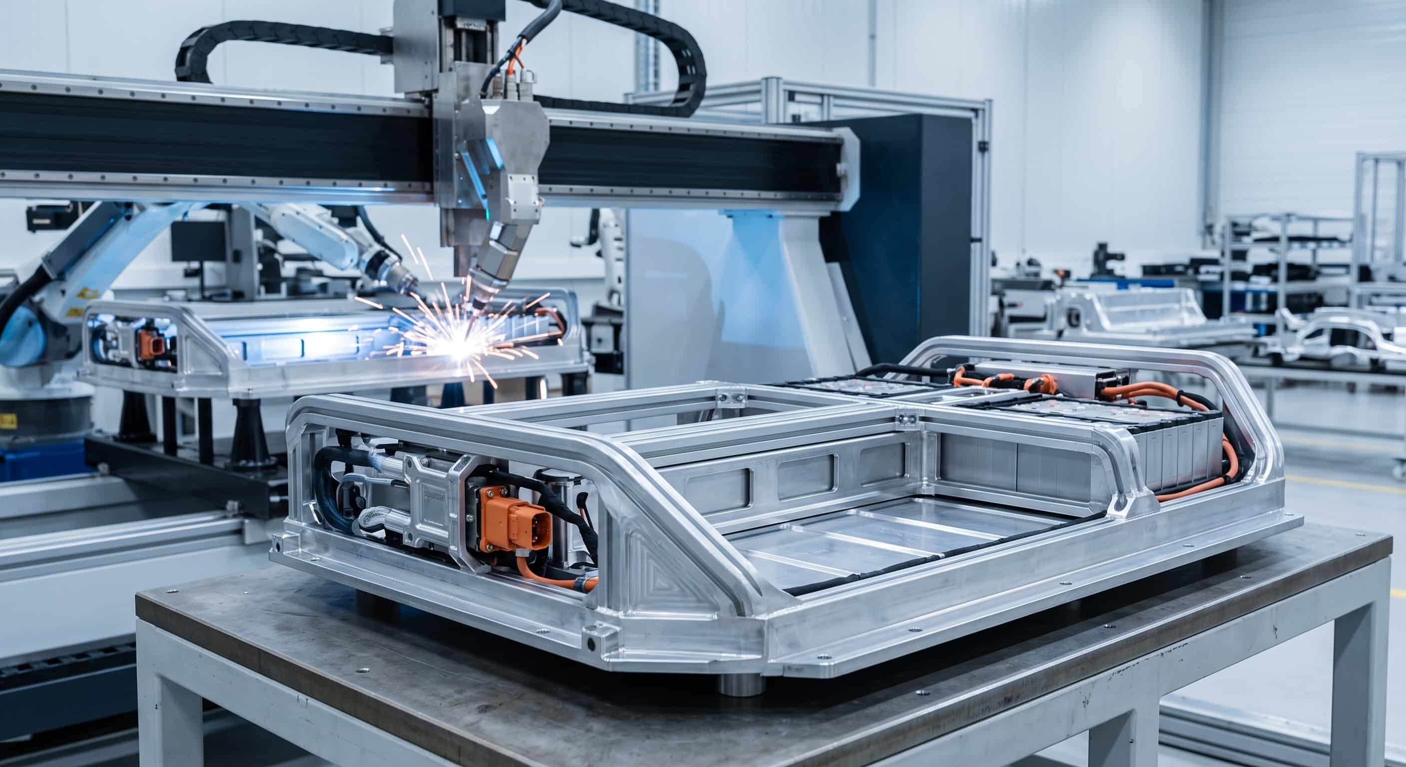 Complete automotive aluminum battery pack enclosure fabrication and welding assembly